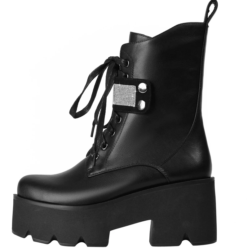 

Diamond Belt Motorcycle Boots For Women Platform Sole Thick Heeled Belt Round Toe Black ZIP Female Booties Big size 46 45 Shoes