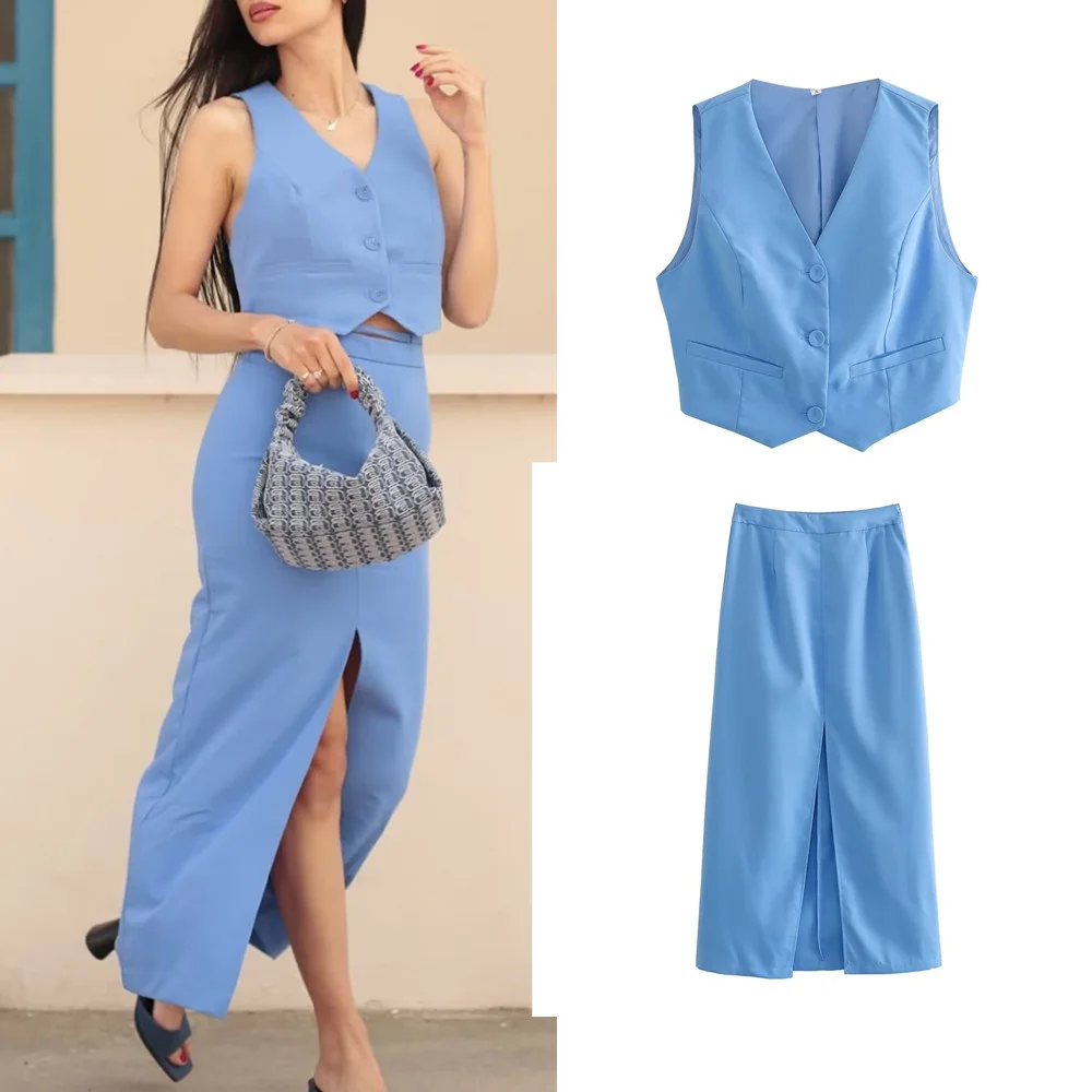 

Summer new two-piece set with slit design, high-waisted skirt, V-neck loose vest, short top worn outside