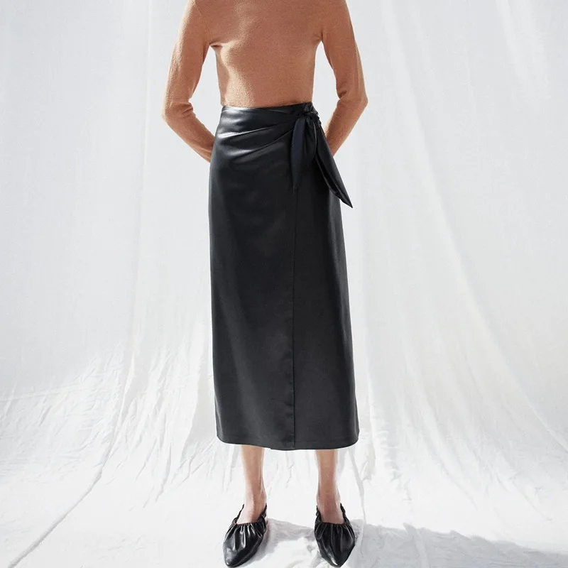 

Women Lace Up Solid Color High Waist Temperament Leather Midi Skirt