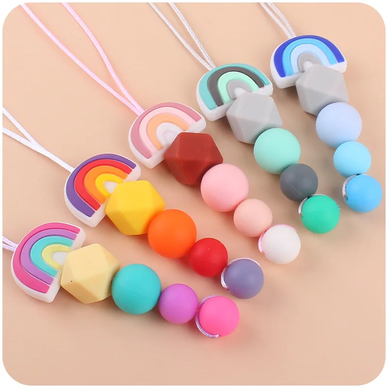 Food Grade Silicone Beads Baby Teether Newborn Chew Necklace Teething Toy Baby Accessories Cartoon Rainbow Infant Nursing Gift