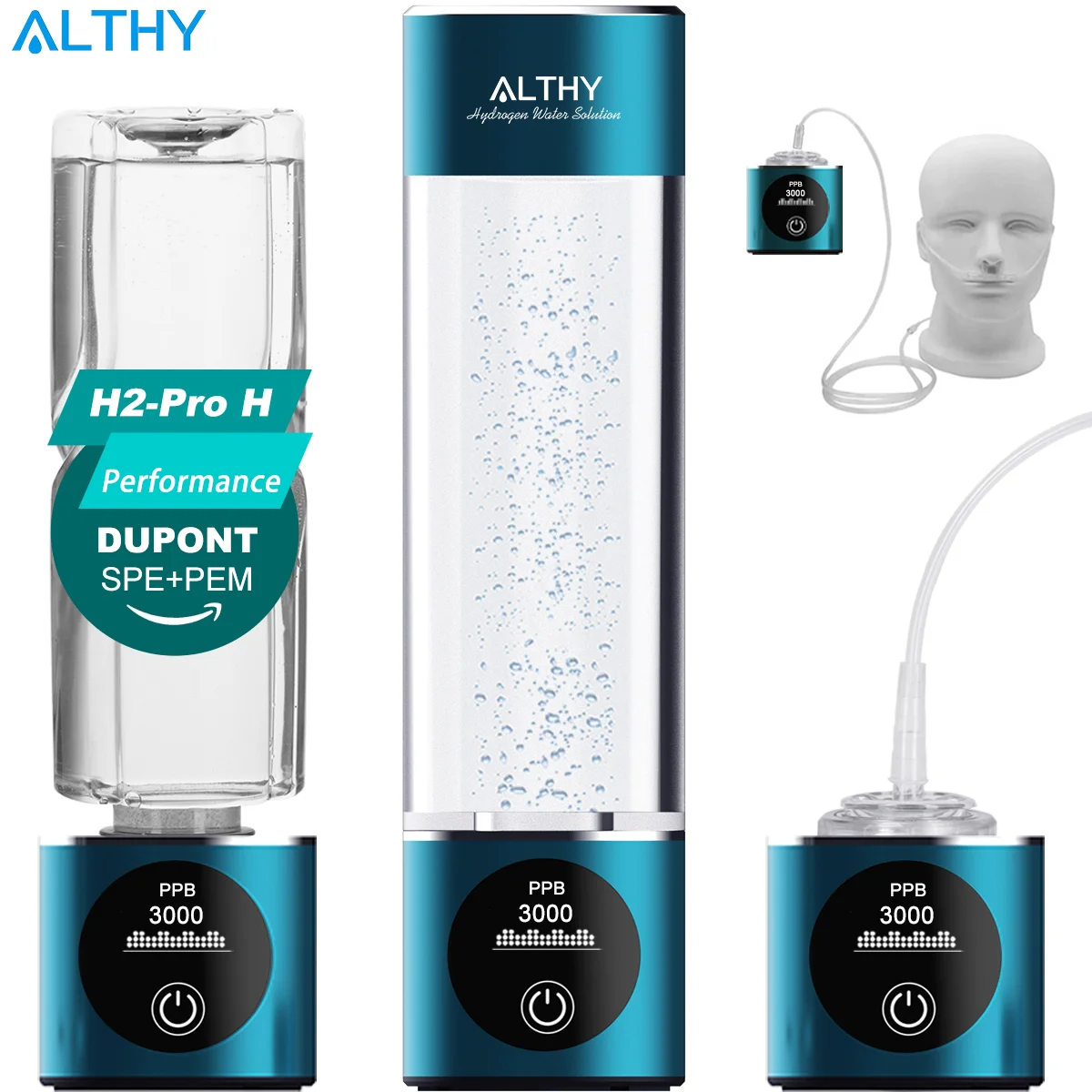 ALTHY Hydrogen Water Generator Bottle DuPont SPE+PEM Dual Chamber Maker lonizer Cup + H2 Inhalation device + PPB & Time Display