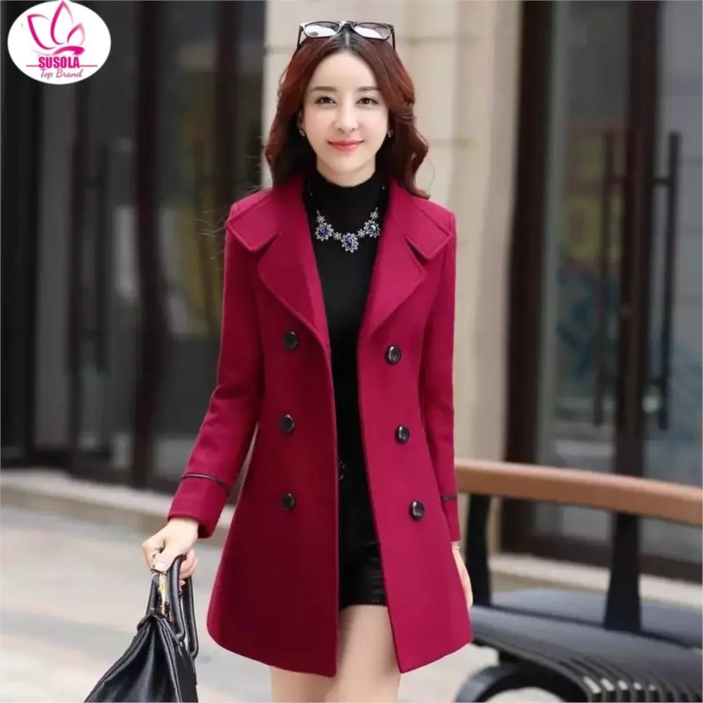 

SUSOLA Trend Winter Jacket Womens Double Breasted Short Wool Coat Solid Color Korean Slim Female Woolen Jacket Loose Size 1150