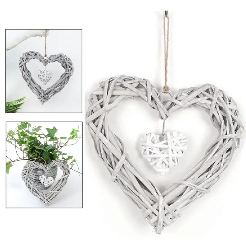 Chic Wicker Hanging Hearts Gray White Artificial Wreaths DIY Heart Wicker for Wedding Birthday Party Wall Hanging Decoration