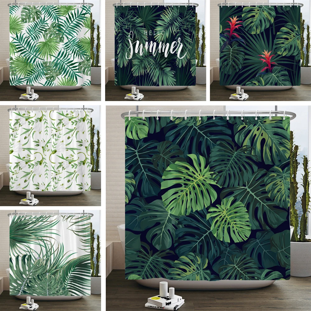 

Tropical Green Plant Waterproof Shower Curtain Polyester Fabric Home Decor Palm Leaves Cactus Vines Flowers Bathroom Curtains