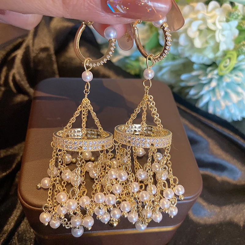 

Gold Tassel Lantern Earring Clips AAA Zircon Pendant Women's Classic Jewelry Luxury Vintage Chain Korean Fashion Friends Gift