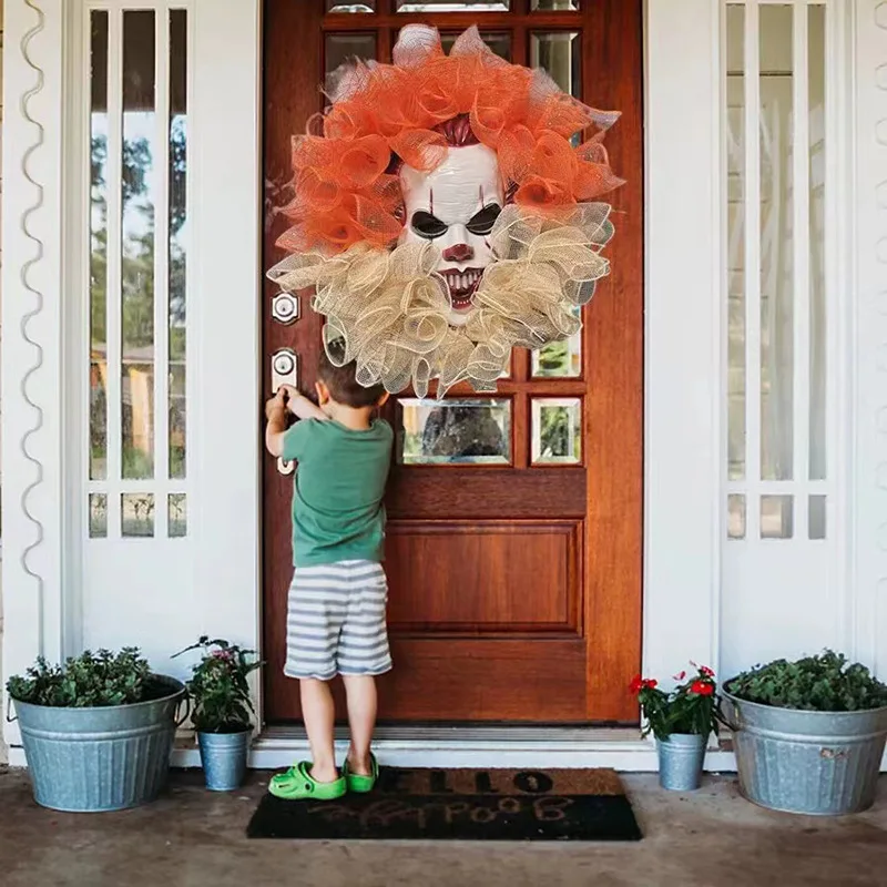 

Halloween Scary Party Clown Wreath Mask Front Door Garland Wall Hanging Haunted House Decor Layout Props