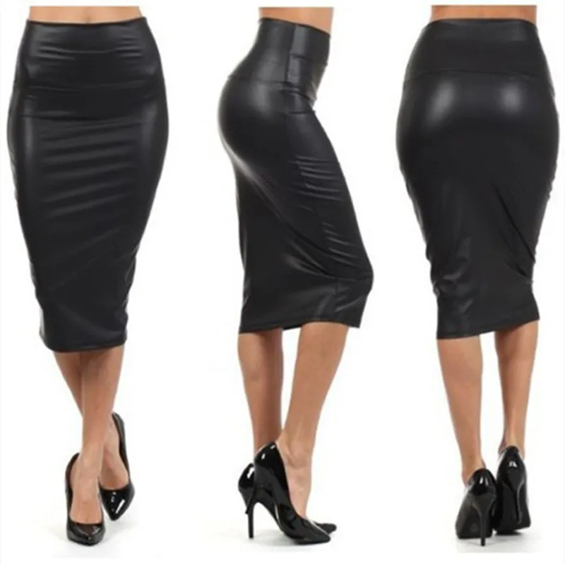 

Women High Waist Faux Leather Pencil Skirt Bodycon Skirt Solid Sexy OL Office Skirts Pencil Skirt Knee Length