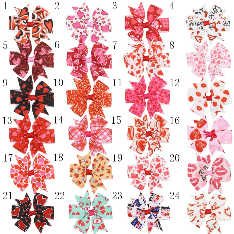 

100Pcs/lot, Valentines Hair Bows With Hair Clips For Baby Girls Kids ,Printed Ribbon Bows For Girls Accessorie