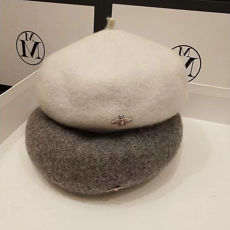 

55-58cm Adult Bee Beret Hat for Women Cap Cashmere Winter Retro French Black Artist Flat Fashion Red Black Lady Vintage Cap