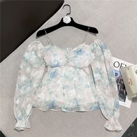 chain strap sexy off shoulder printed chiffon shirt women 2022 summer new chic lady tops slim fit blouses femme