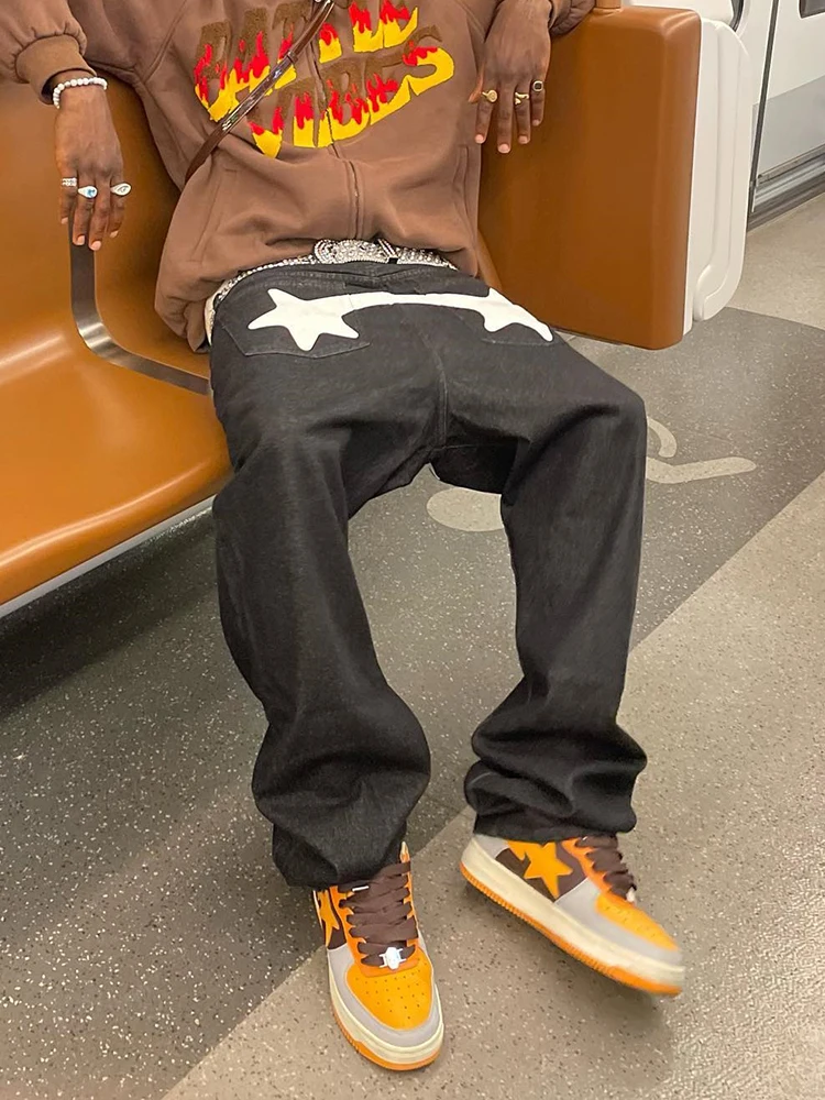 Baggy Jeans Men Y2K Fashion Designer Black Star Printed Trousers Bottoms Streetwear Casual Low Waist Loose Straight Denim Pants