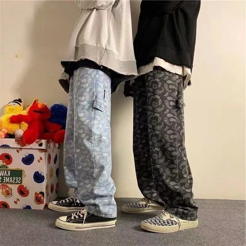 Cashew Bloem Zwarte Jeans Mannen Rechte Buis Losse Lente En Herfst Zomer Koreaanse Mode Mannen Baggy Denim broek pants