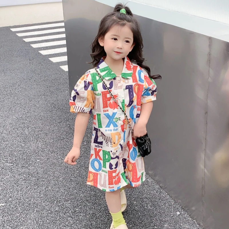 

HoneyCherry 2022 summer new girls letter shirt dress lapel short-sleeved dress kids clothes summer dress