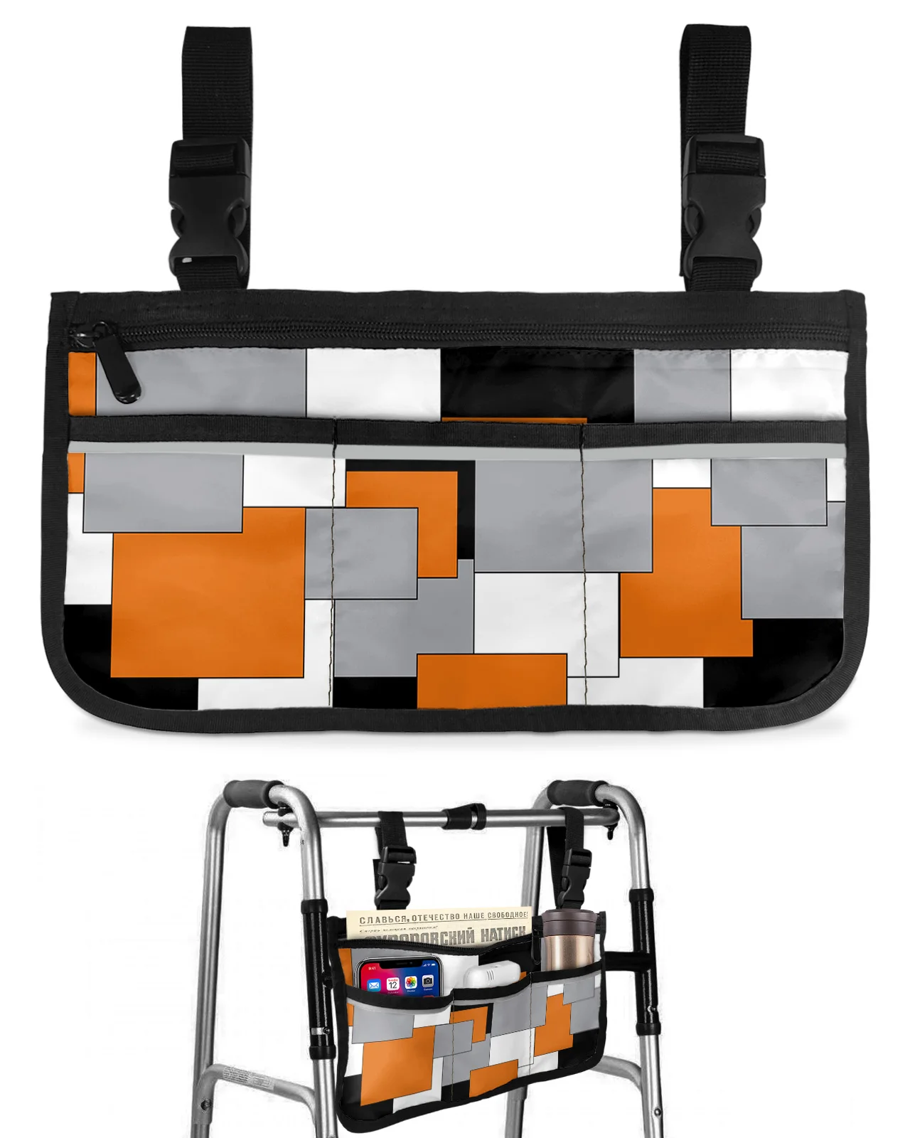

Orange Black Patchwork Abstract Art Wheelchair Bag With Pockets Armrest Side Bags Electric Scooter Walking Frame Storage Pouch