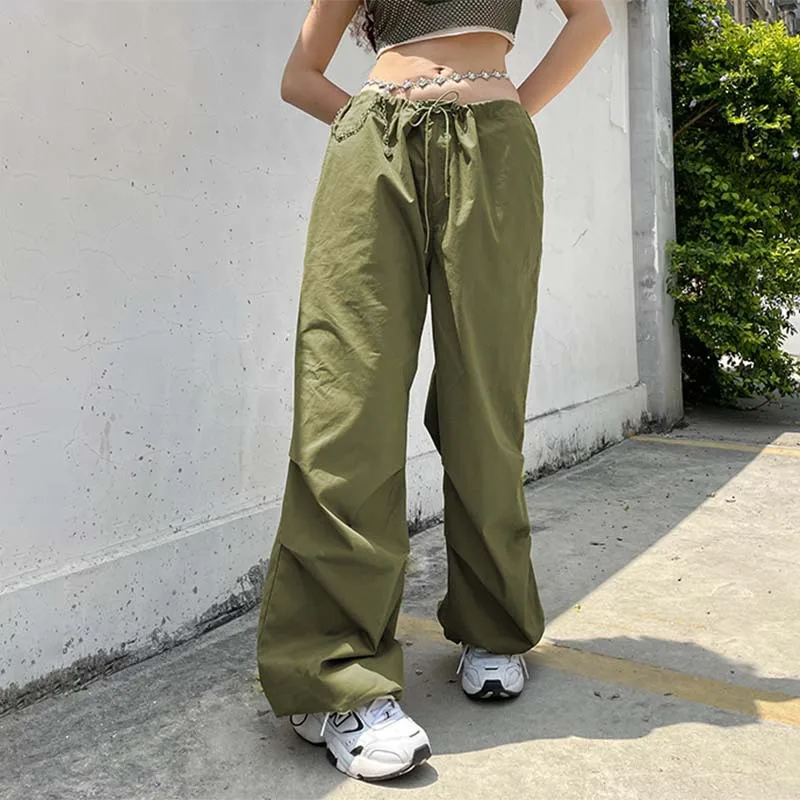 Street Retro Casual Style Drawstring Wide Leg Pants Fashion Lace Up Waist Loose Sports Pants Vintage Women Pocket Solid Trousers
