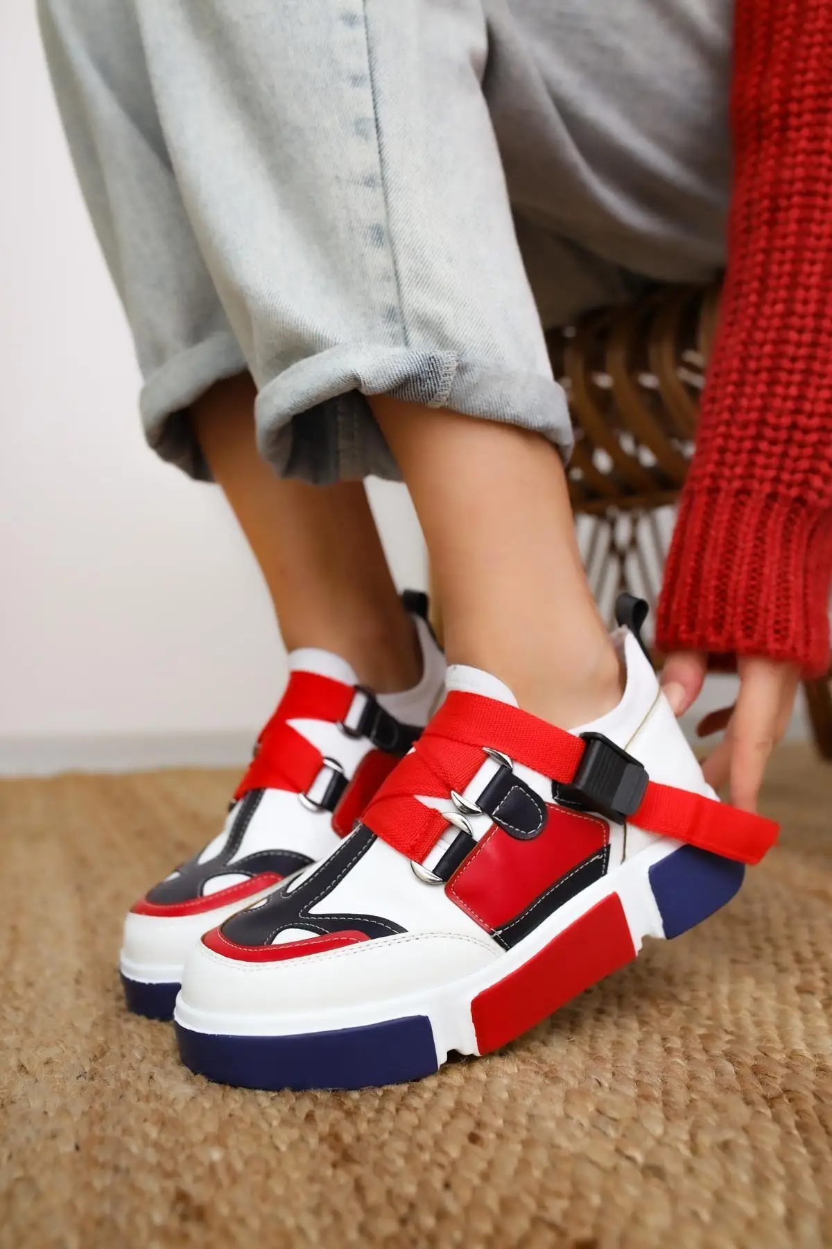 

Women Fashion Style Footwear, Women New Leather Casual Red White Sneakers, 2022 Fashion New Design Lady Red Leather Sneakers