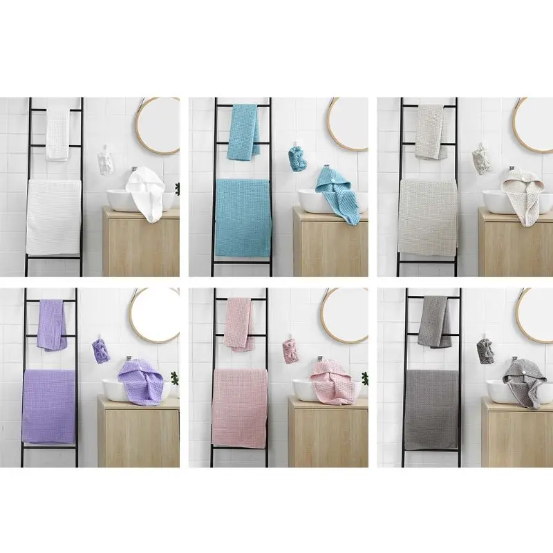 

New 4 Pcs Waffle Bath Towel Triangle Dry Hair Hair Band Suit Sets Cotton Soft