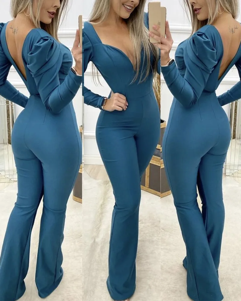 

Puff Sleeve Open Back Skinny Bootcut Jumpsuit