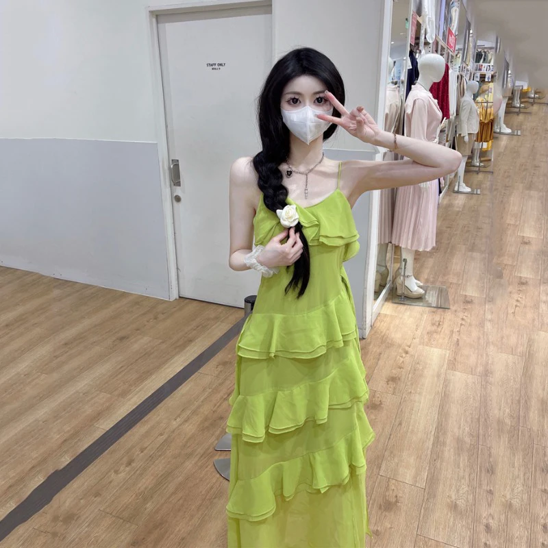 

Женское платье на бретельках WDMSNA, длинное зеленое платье с многослойными оборками, облегающее платье без рукавов