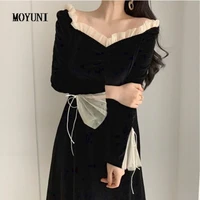 antumn winter evening party midi dresses women black korean fashion elegant vintage dress ruffle long sleeve one piece dress new