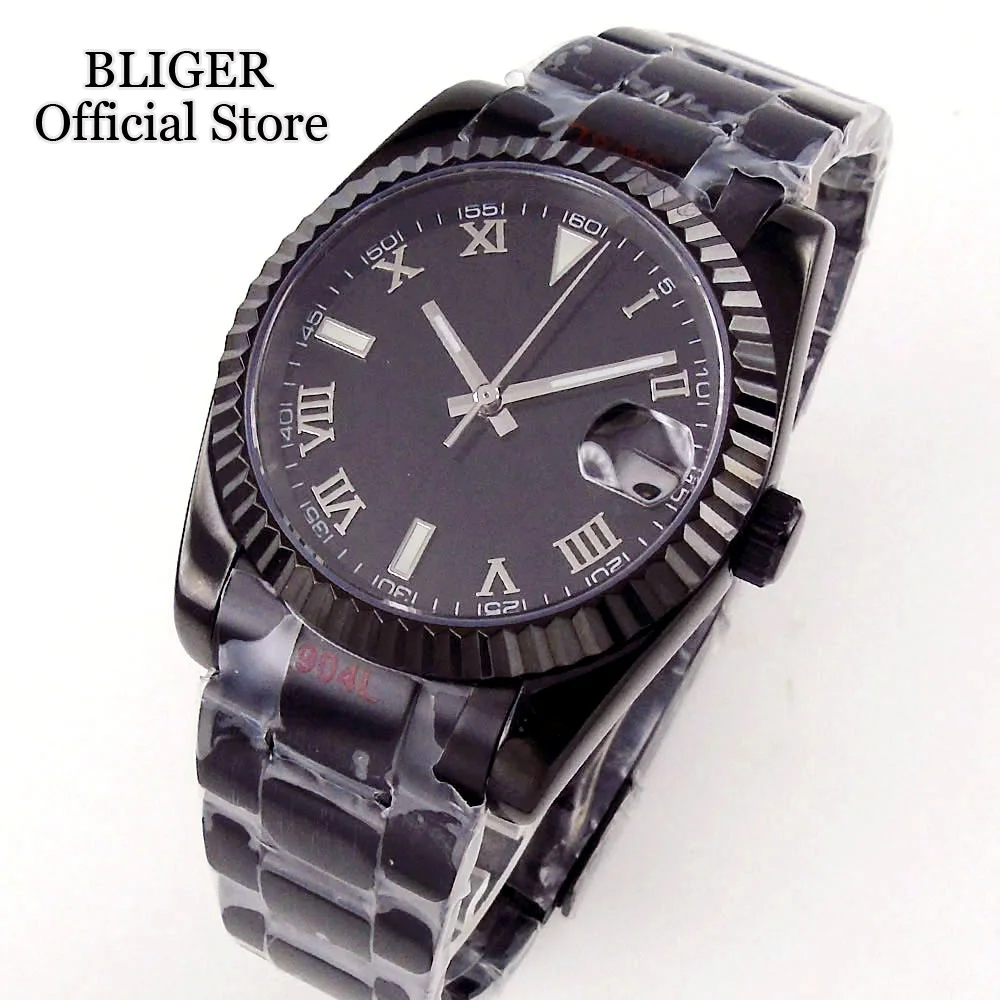 

BLIGER 36mm 39mm Fluted Bezel NH35 PT5000 Automatic Mens Watch Black PVD Case Roman Numbers Oyster Bracelet Sapphire Glass