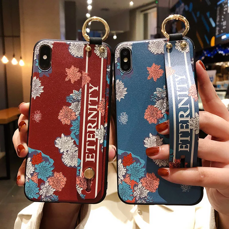 

Vintage Rose flower Wrist Strap Soft Case For iphone 11 12 13 Pro MAX X XR XS SE2020 7 8 Plus Plant Cat Animal Holder Back Cover