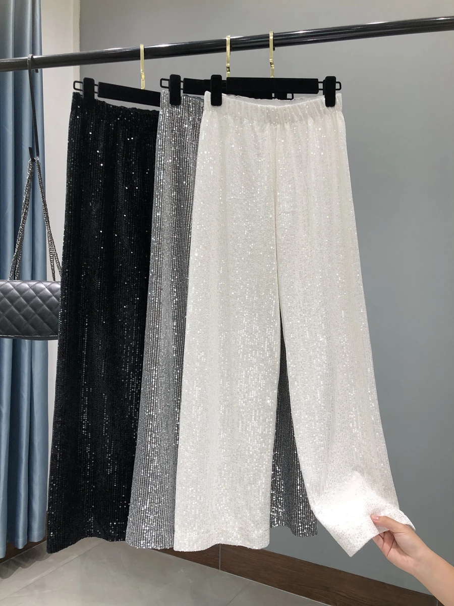 Blingbling New Spring Fashion Women Long Trousers Mopping Floor White Loose Wide Leg Pants All-match Elastic High Waist Straight