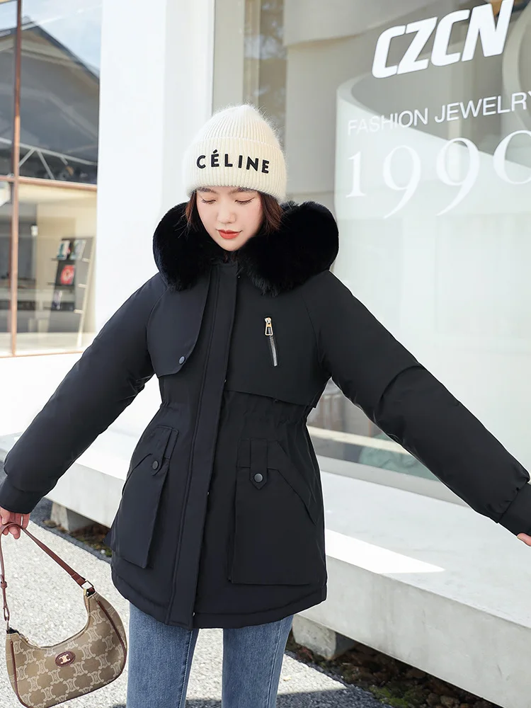 2022 New Winter Big Pocket Jacket Women Parka Fashion Wool Liner Hooded Coat Loose With Fur Collar Warm Snow Wear Padded Clothes