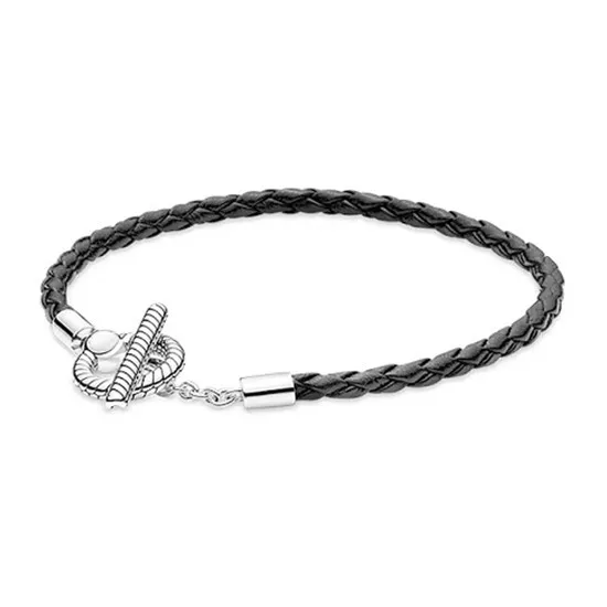 

Authentic 925 Sterling Silver Moments Braided Leather T-bar Bracelet Bangle Fit Bead Charm Diy Fashion Jewelry