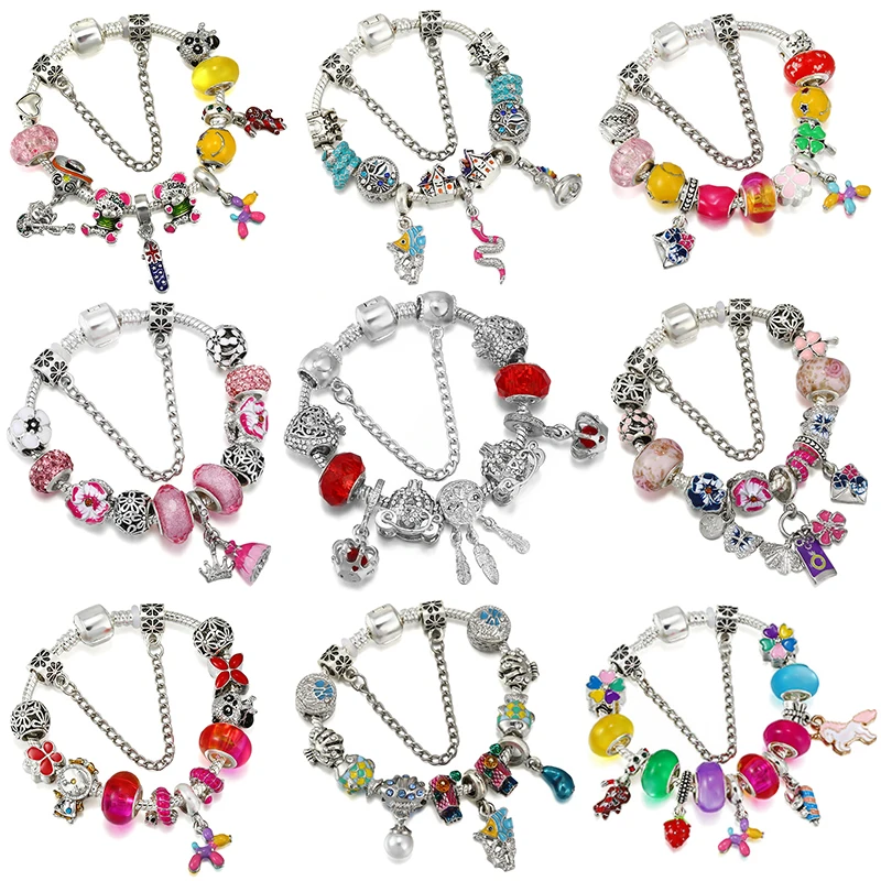Fashion Brand Pan Crown Snake Balloon Dog Charms Bracelet For Women Cute Colors Enamel Bear Butterfly Clover Flower Beads Bijoux