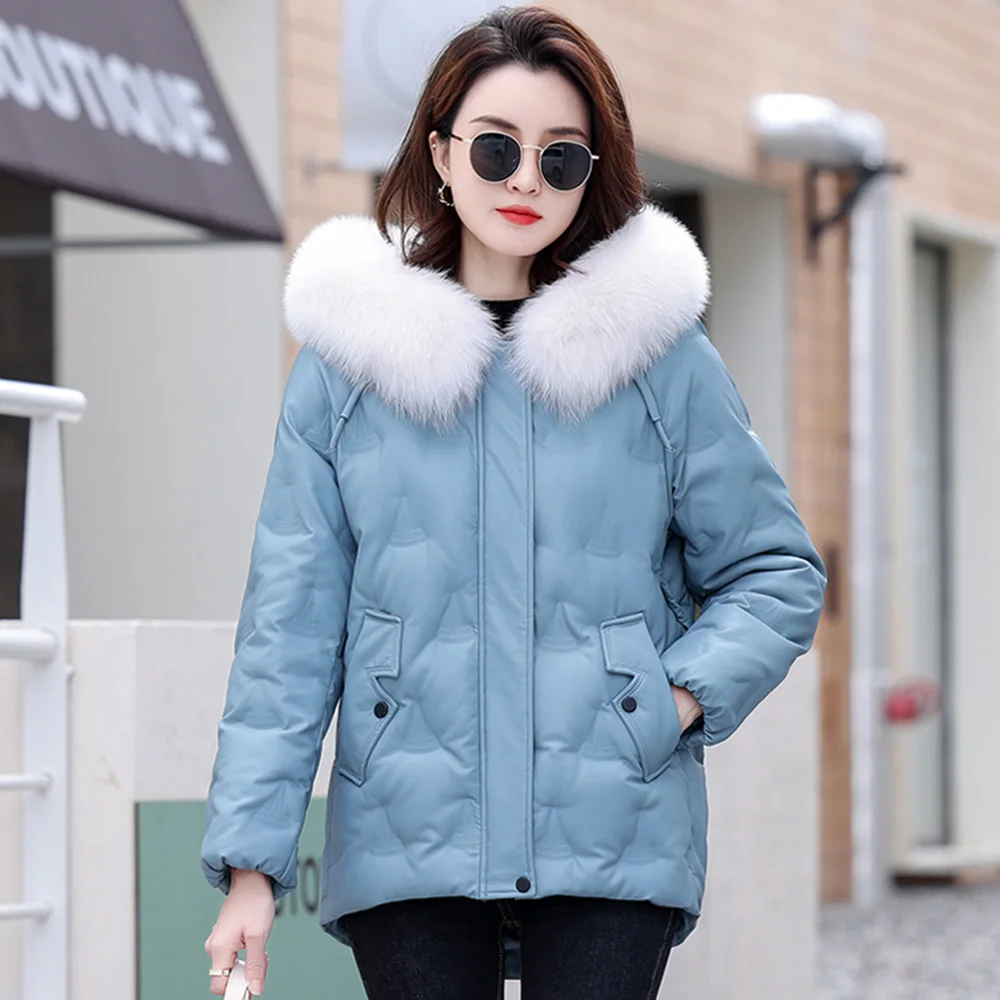New Women Sheep Leather Down Jacket Winter Casual Fashion Hooded Real Fox Fur Collar Thicken Warm Loose Short Leather Coats