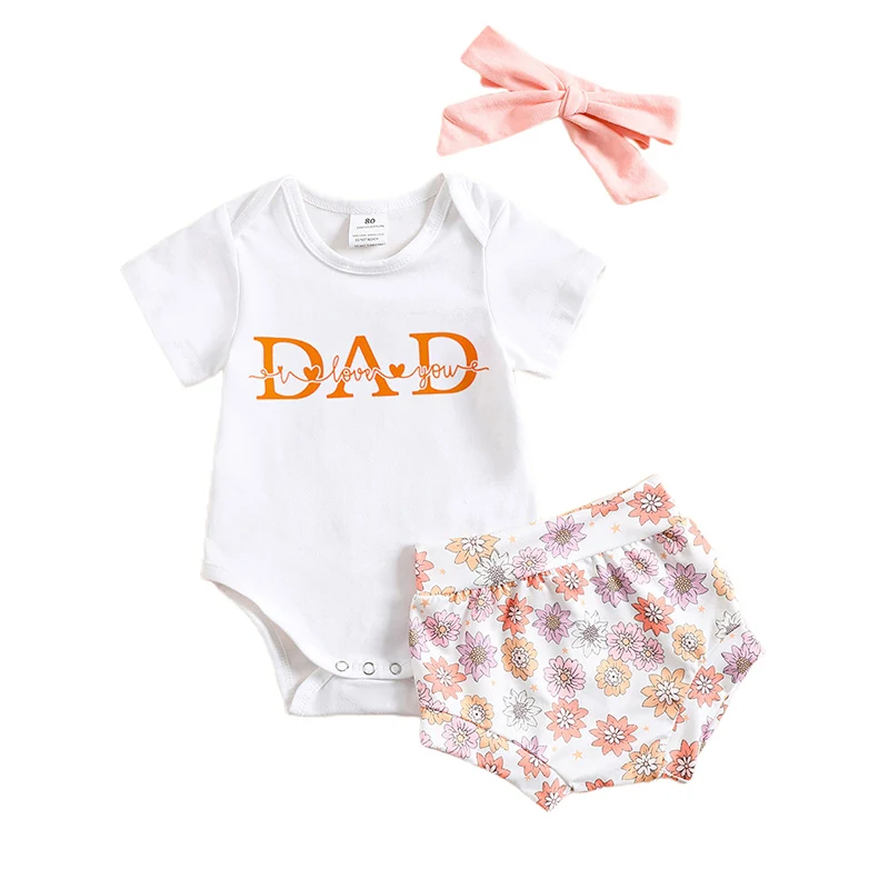 

Комбинезон с коротким рукавом для маленьких девочек 0-24 мес., шорты, повязка на голову с бантом, милый стиль летней одежды с надписью и цветоч...