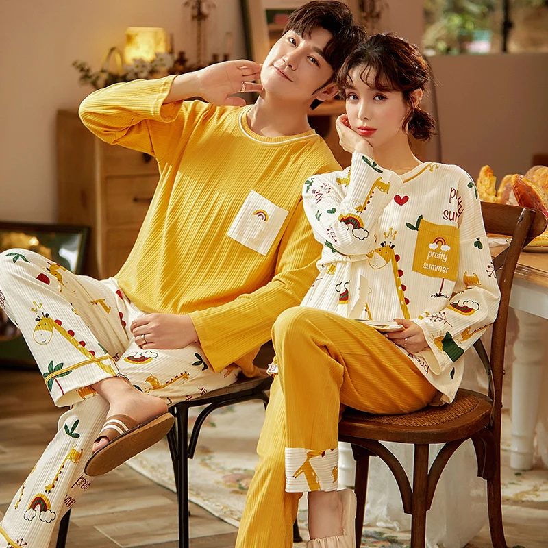 Autumn Couples Pajamas Set Women Men Spring Pyjamas Sleepwear Cartoon Korean Lovers Homewear Cotton Sleep Tops Pijama Free Ship