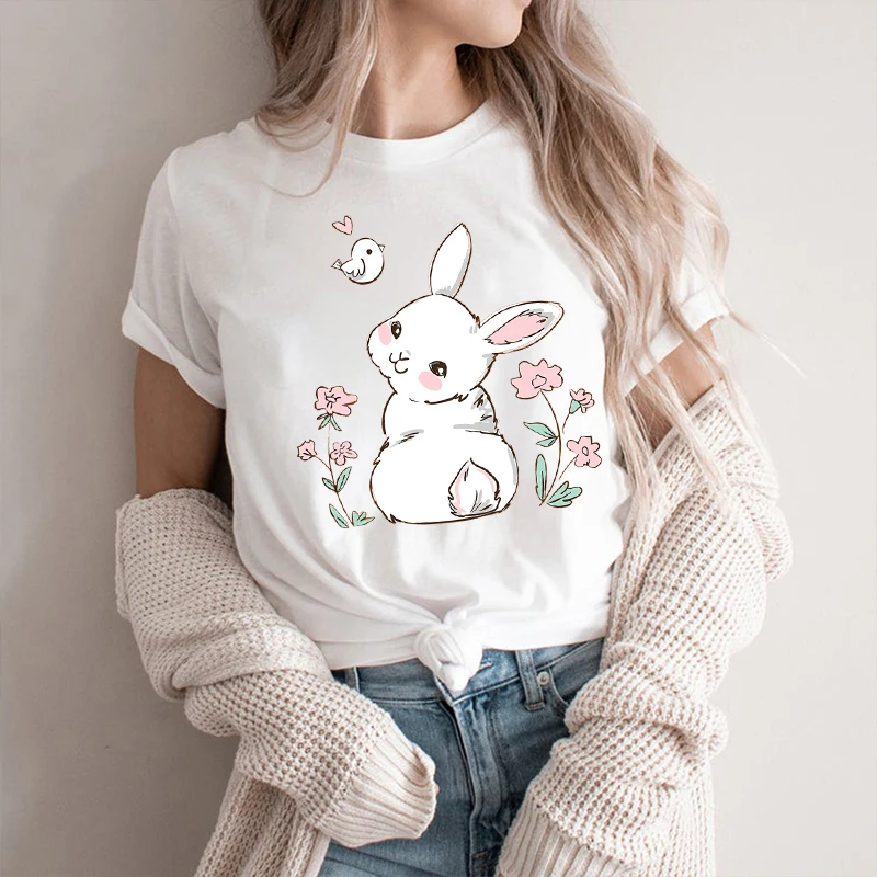 

Пасхальная футболка Kawaii Bunny, женская футболка с принтом, топы, модная повседневная женская футболка, футболки с пасхальным мультяшным принт...