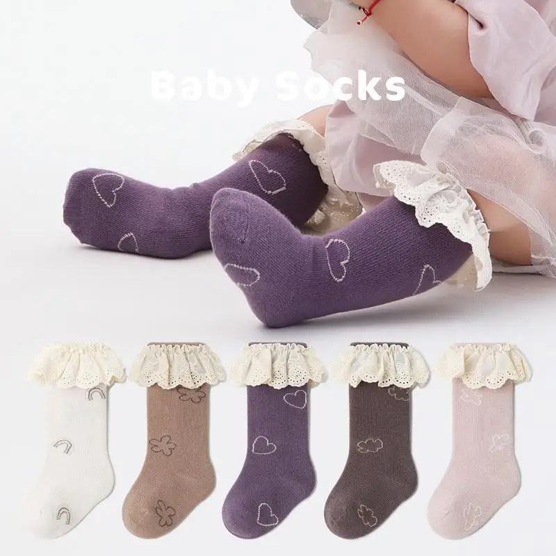 

1 Pair Calf Sock for Infant Baby Boy Girl Lovely Cloudy Floral Ruffle Sock Jacquard Spring Autumn Combed Cotton Over Calf Sock