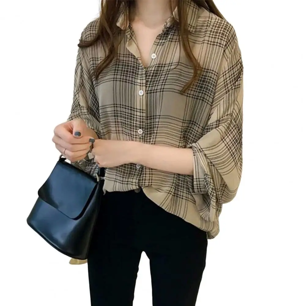 

Casual Shirt Charming Plaid Pattern Loose Thin Office Blouse Shirt Lapel Designed Sense Shirt Blouse