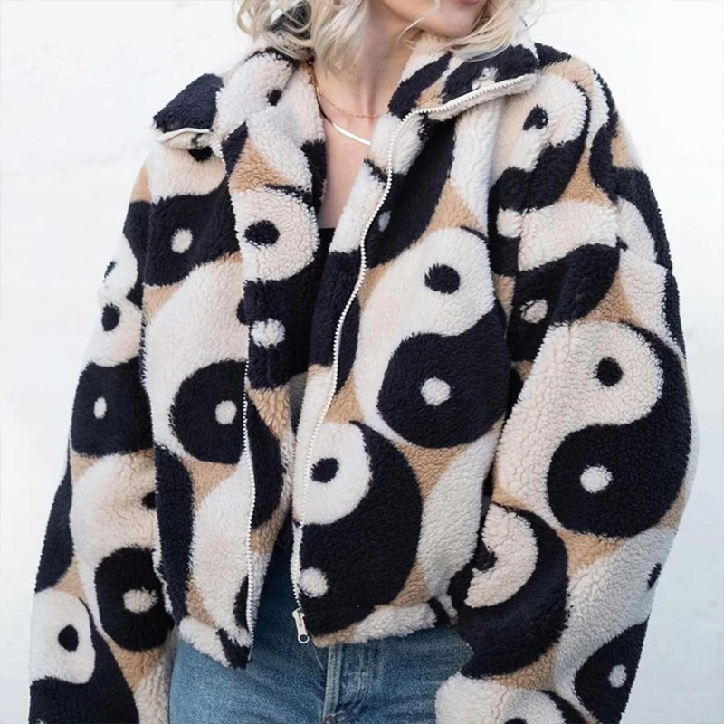 

Women Punk Winter Faux Fur Jacket Vintage Taiji Diagram Print Plush Cropped Coat