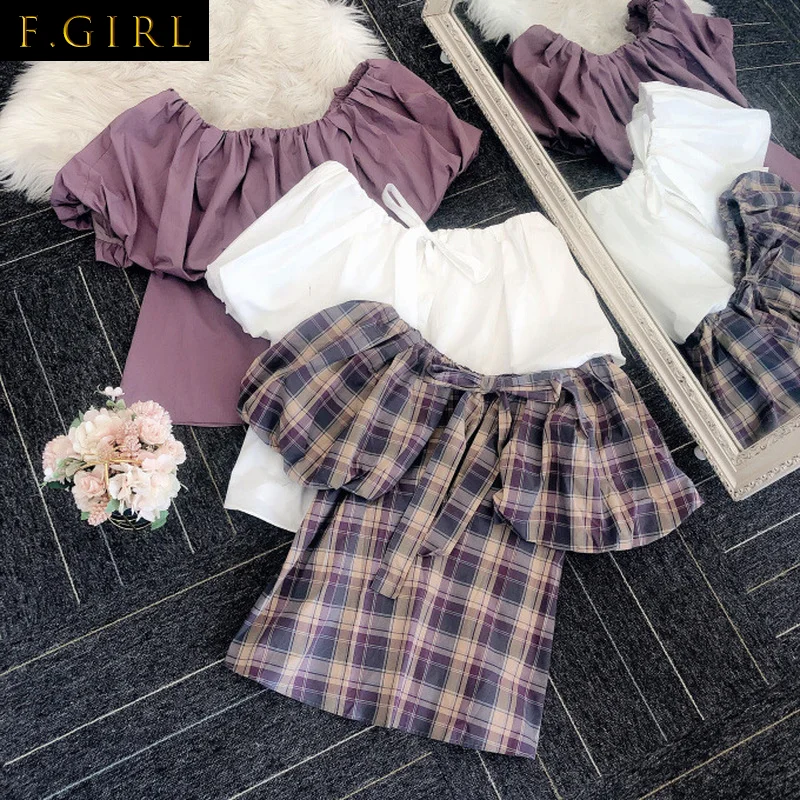 

F GIRLS 2022 Autumn New Women Blusas Japan Style Sweet Shirts Slash Collar Puff Sleeve Back Bandage Mixed Plaid Solid Blouses