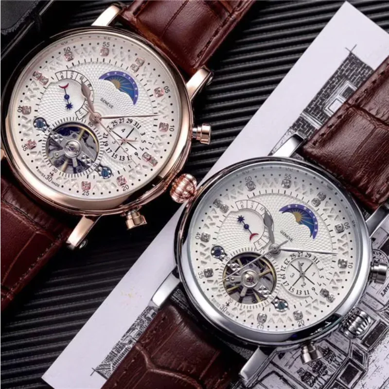

brand designer mens watches Fashion mechanical automatic luxury watch Leather strap Moon Phase movement tourbillon watch