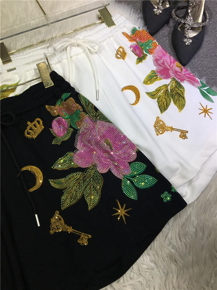 Luxury Flowers Hot Drilling Women Shorts 2023 New Summer All-match Elastic High Waist Wide Leg Pants Large Size Casual Shorts