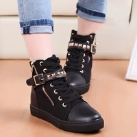 new woman high top black white boots shoes women casual platform vulcanized flats shoes pu leather sneakers zapato mujer