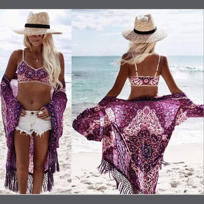 

Women Summer Dress Cover Up Beach 2022 Bathing Suit Purple Chiffon Print Sexy Cardigan Bikini Polyester Pareo And Wear Kaftan