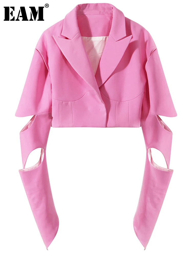 

[EAM] Women Black Hollow Out Short Blazer New Lapel Long Sleeve Loose Fit Jacket Fashion Tide Spring Autumn 2023 1DE6002