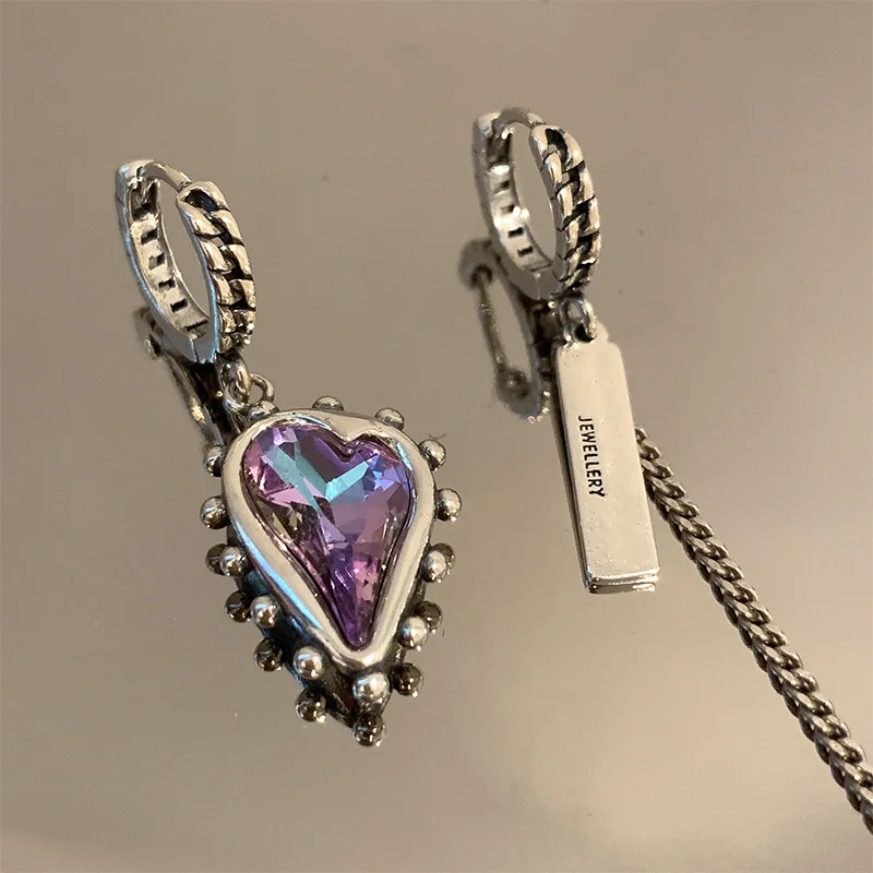 

2023 винтажные Асимметричные висячие серьги в форме сердца с фиолетовыми кристаллами, модные серьги-кольца для женщин и девушек, бижутерия в ...
