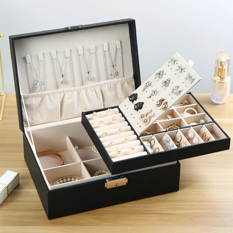 

Household Leather Jewelry Ring Display Organizer Box High Capacity with Lock Desktop Earring Jewelry Storage Case Showcase