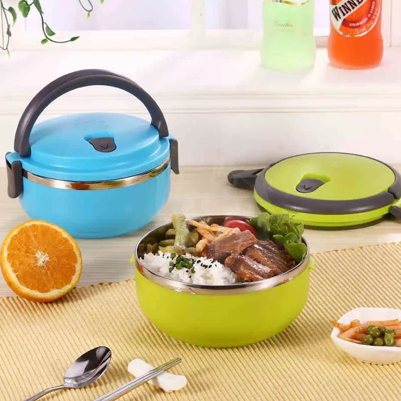 

2022New Portable Stainless Steel Thermos Bento Lunch Box for Kids Food Container Round Shape Picnic Food DA