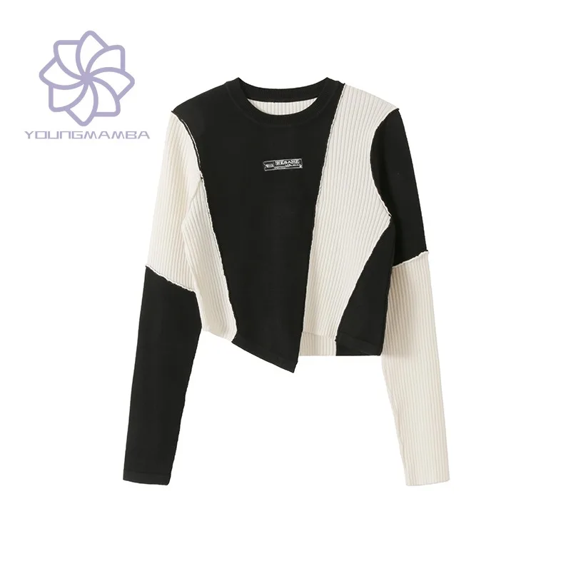 

Round Neck Black White Contrast Matching Short Sweater for Women Fashion Streetwear Long Sleeve Pullover Female Knit Top