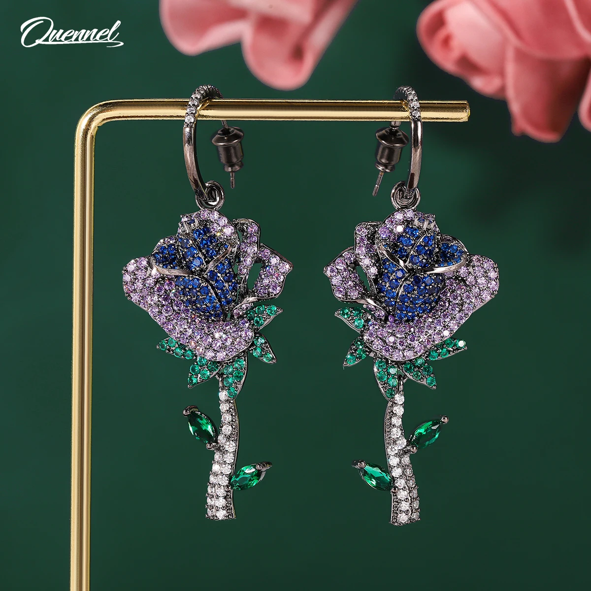 

QUENNEL Plants, flowers, European and American heavy industry micro inlaid color zirconium Diamond Rose Earrings