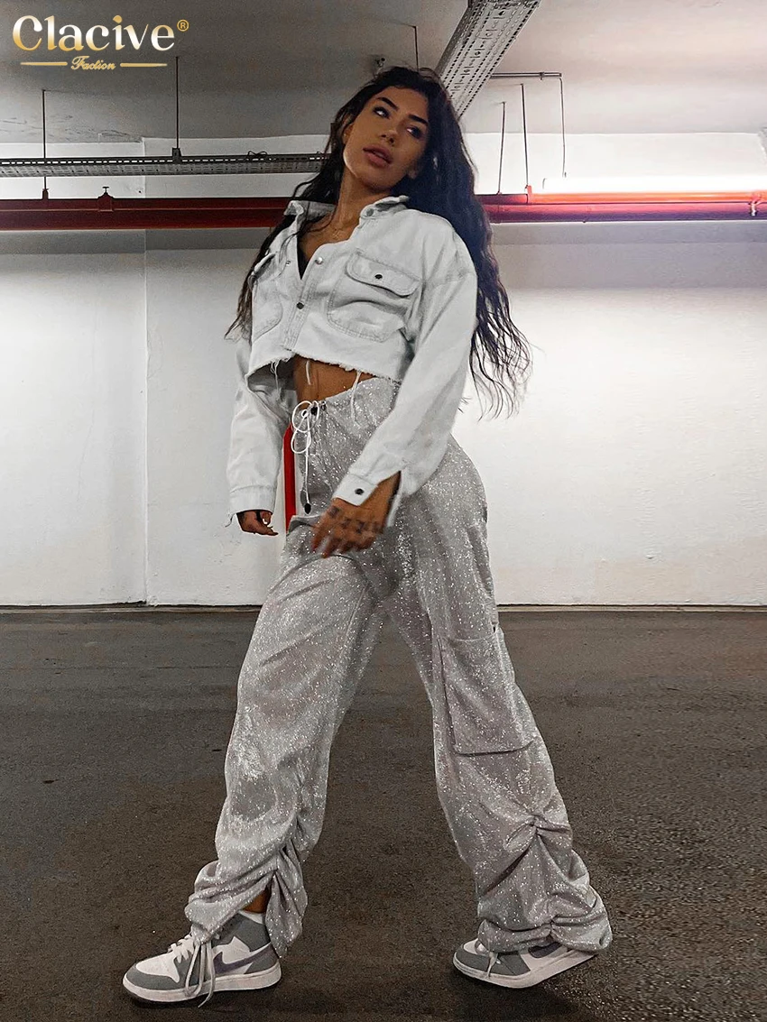 Clacive Fashion Sliver Glitter Women'S Pants 2023 Elegant High Waist Full Length Cargo Pants Streetwear Loose Lace-Up Trousers