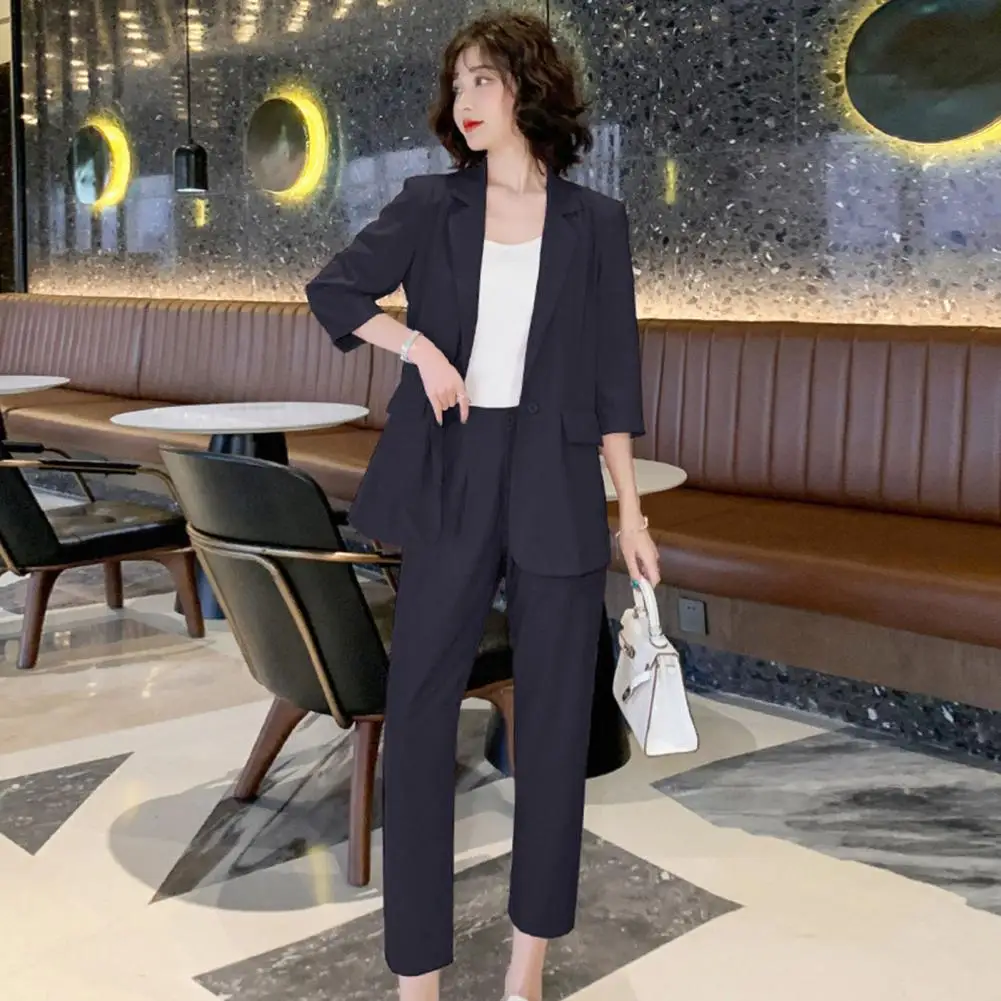 1 Set Women Blazer Pants Set 3/4 Sleeves Women Suit Set Soli